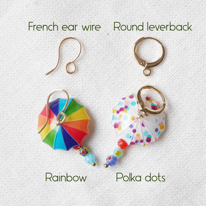 Colorful umbrella earrings | Rainy day earrings | Cute and quirky millefiori dangle earrings | Fun positive multicolor jewelry gift idea