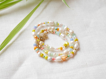 Tropical beads necklace | Exotic colorful beaded choker with pastel color beads | Cute multicolor seed bead jewelry with freshwater pearls