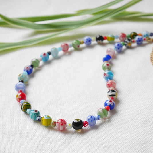 Millefiori necklace | Flower glass bead choker | Colorful glass beads jewelry | Multicolor beaded necklace gift for her | Summer accessory