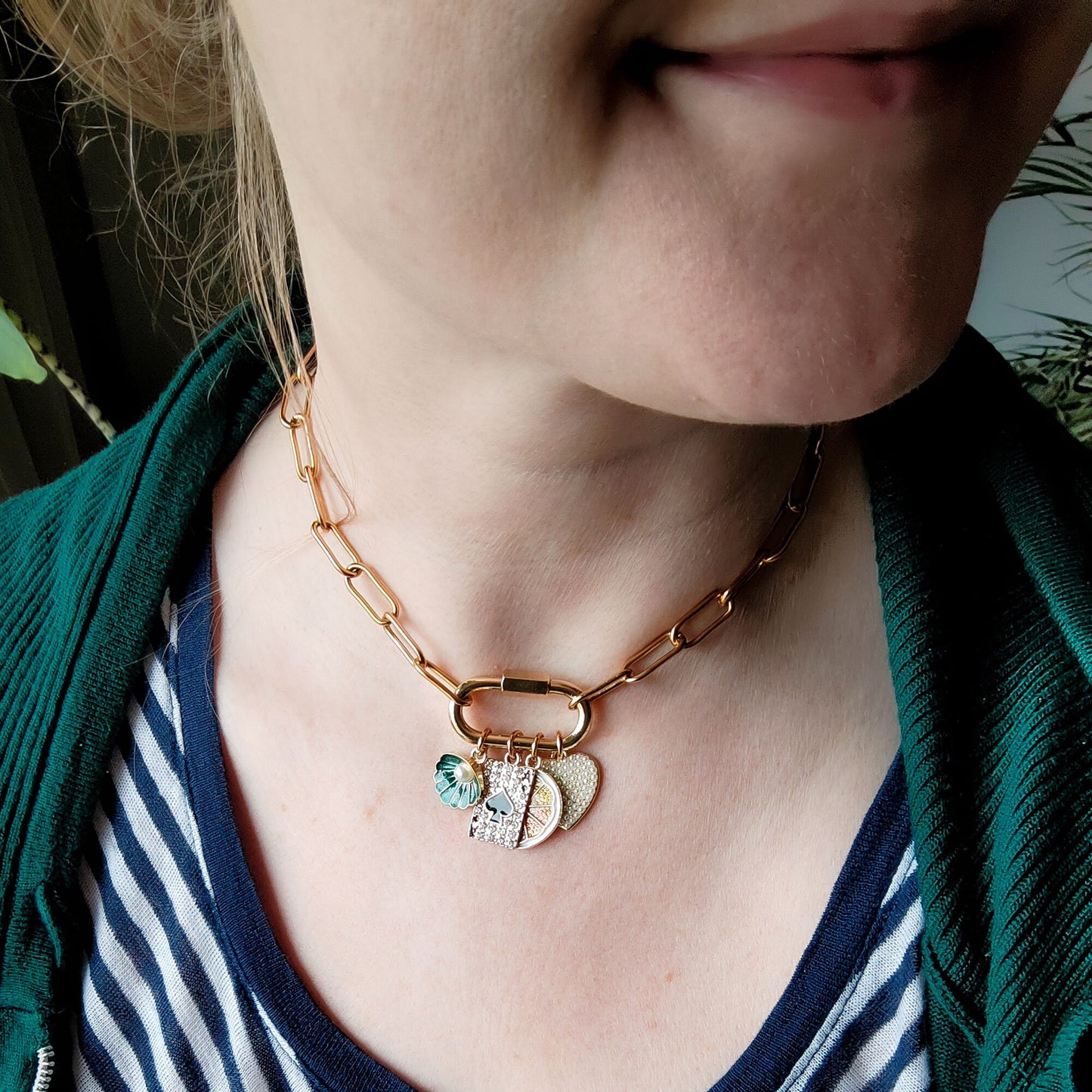 Carabiner custom charm necklace | Chunky gold lock necklace for charms with paperclip chain | Personalized cute unique pendant jewelry gift