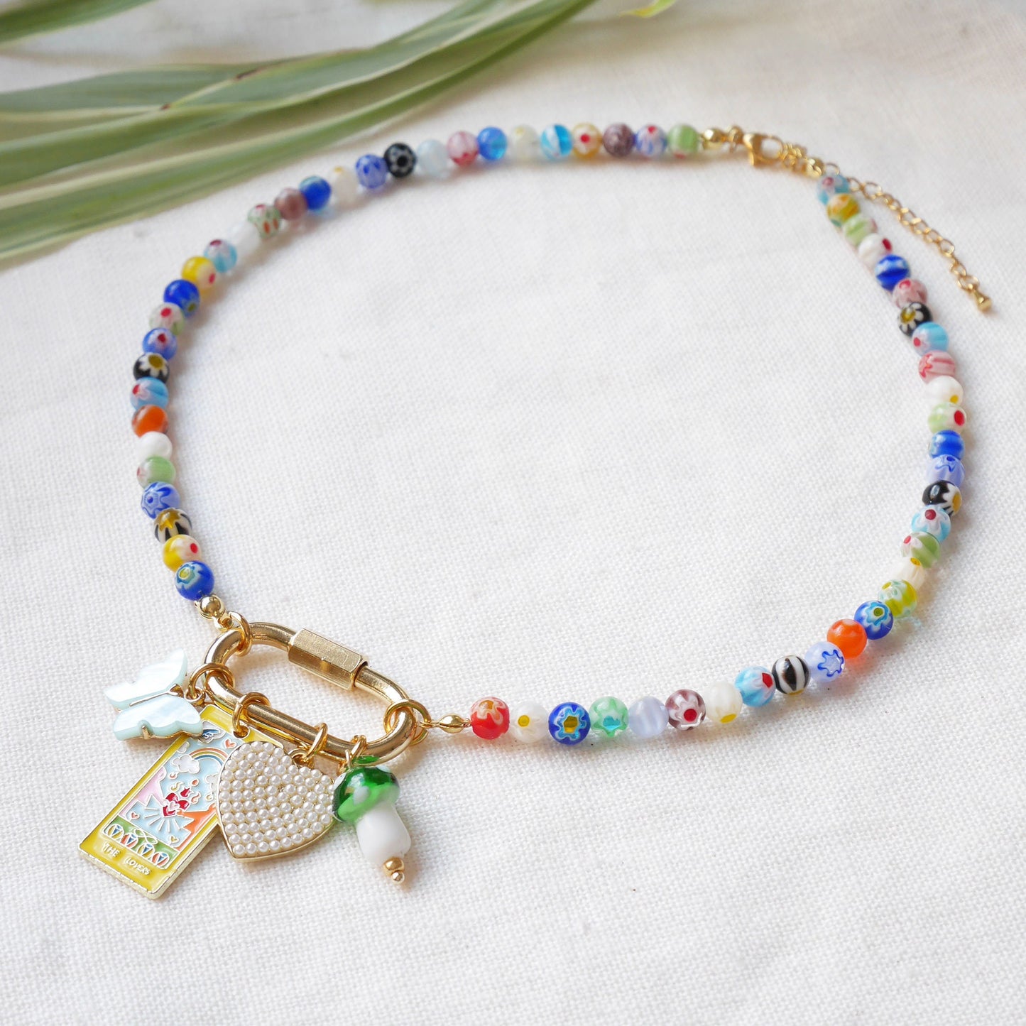 Custom carabiner millefiori necklace – adjustable gold-plated beaded jewelry with personalized charms