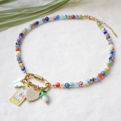 Custom carabiner millefiori necklace – adjustable gold-plated beaded jewelry with personalized charms