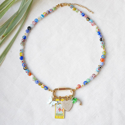 Custom carabiner millefiori necklace – adjustable gold-plated beaded jewelry with personalized charms