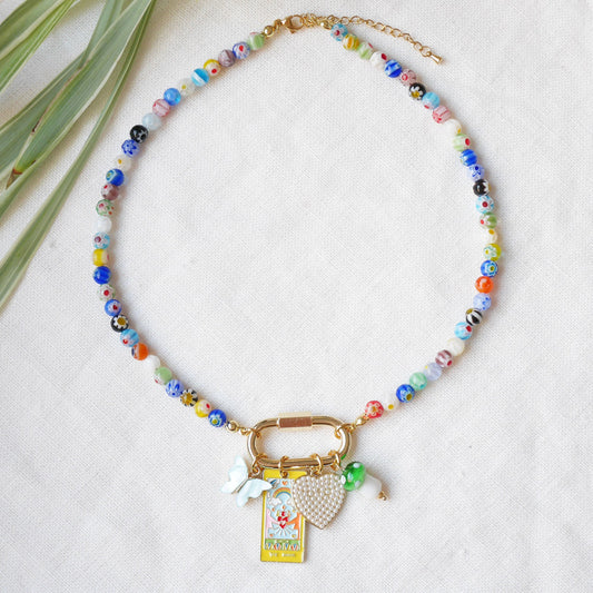 Custom carabiner millefiori necklace – adjustable gold-plated beaded jewelry with personalized charms