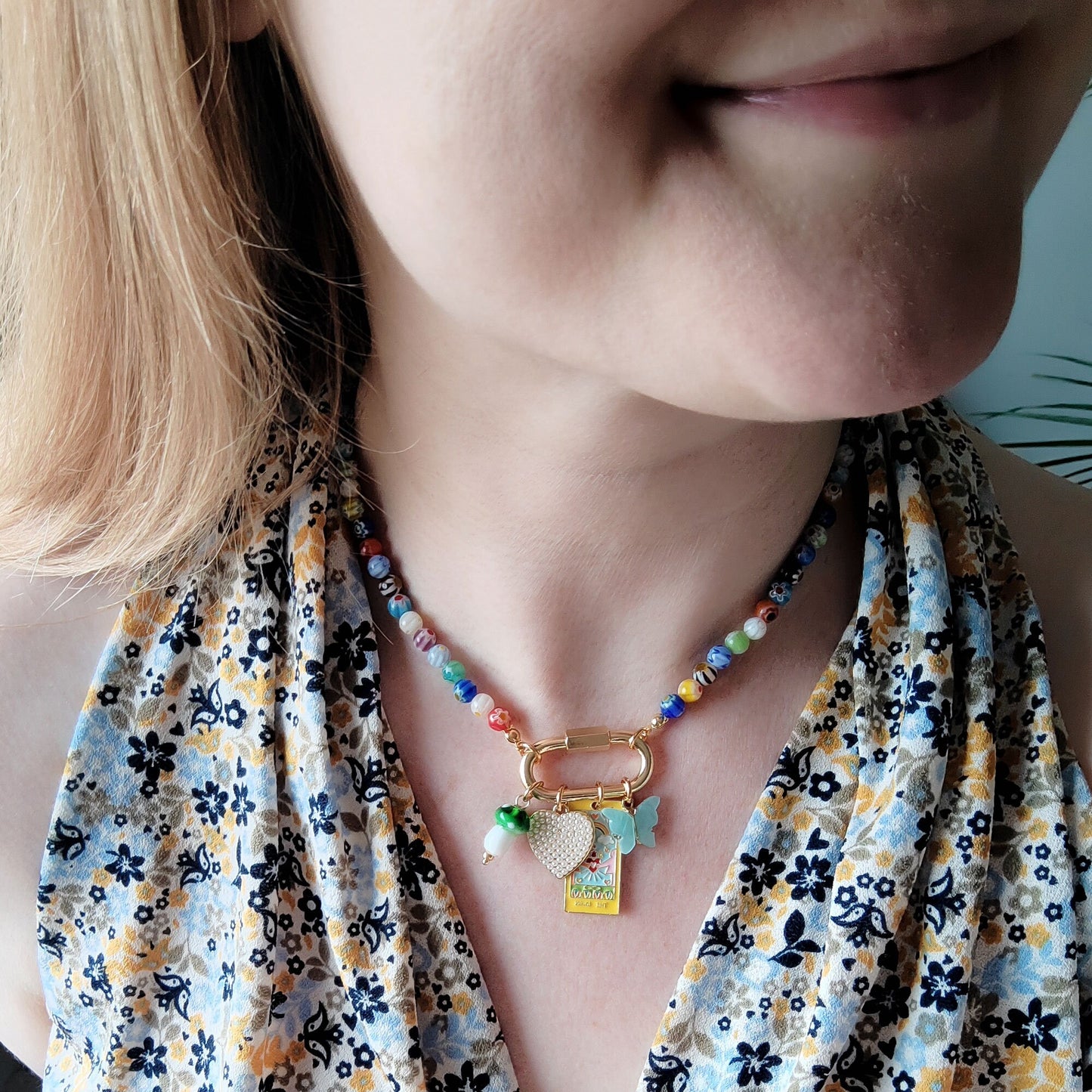 Custom carabiner millefiori necklace – adjustable gold-plated beaded jewelry with personalized charms