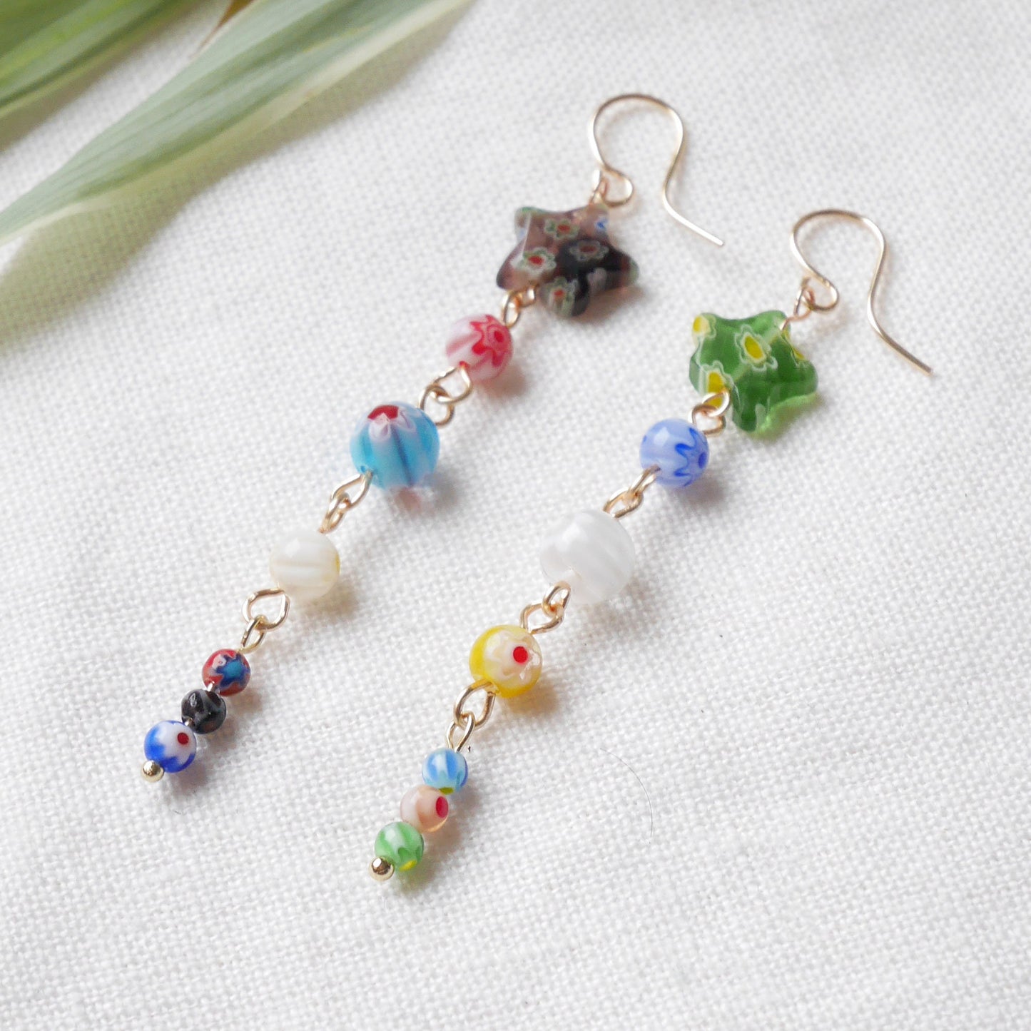 Long millefiori glass earrings – colorful bead statement dangle star jewelry