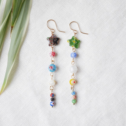 Long millefiori glass earrings – colorful bead statement dangle star jewelry