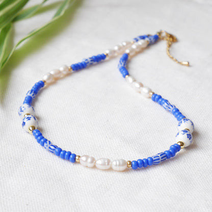 Blue porcelain bead necklace | Summer seed bead choker | Cute blue and white necklace with real pearls | Flower ceramic jewelry gift idea
