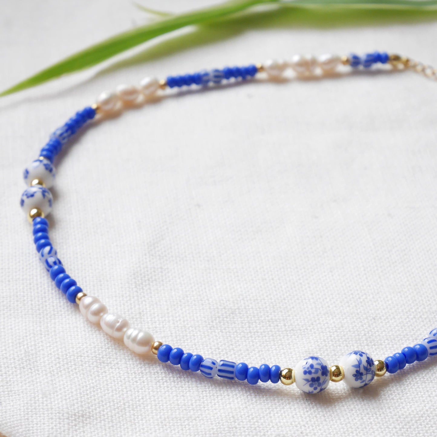Blue porcelain bead necklace | Summer seed bead choker | Cute blue and white necklace with real pearls | Flower ceramic jewelry gift idea