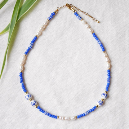 Blue porcelain bead necklace | Summer seed bead choker | Cute blue and white necklace with real pearls | Flower ceramic jewelry gift idea