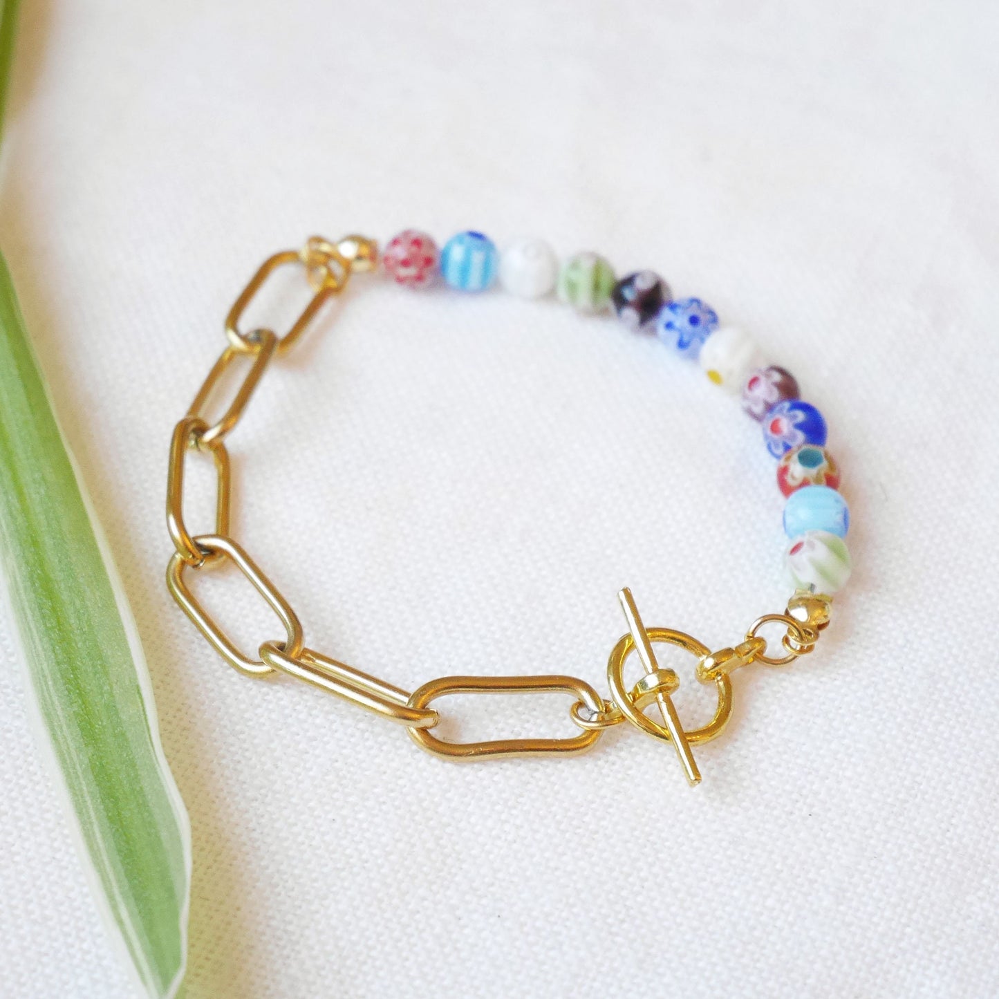 Half millefiori half chain bracelet | Flower beads and chunky gold chain bracelet | Colorful glass bead jewelry | Cute summer gift for her