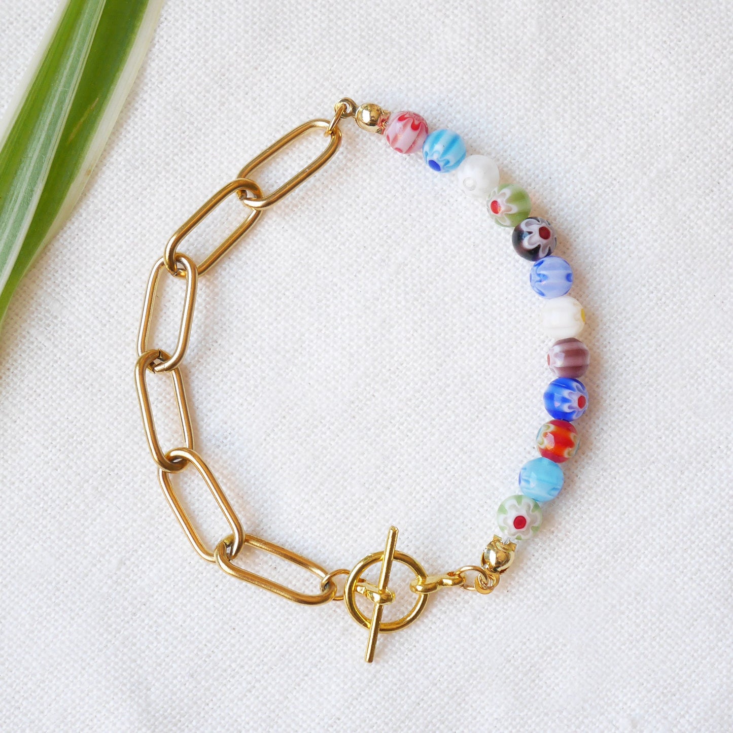 Half millefiori half chain bracelet | Flower beads and chunky gold chain bracelet | Colorful glass bead jewelry | Cute summer gift for her