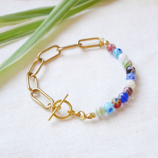 Half millefiori half chain bracelet | Flower beads and chunky gold chain bracelet | Colorful glass bead jewelry | Cute summer gift for her