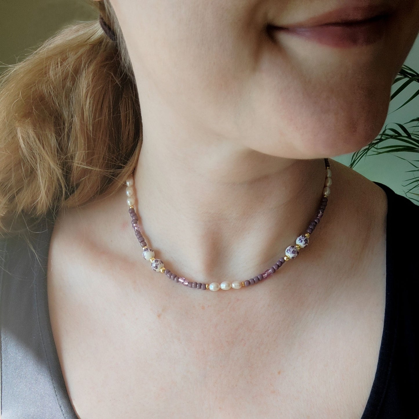 Lavender pearl necklace | Lilac porcelain bead necklace | Purple beads beaded jewelry | Cute violet seed bead freshwater pearl choker gift
