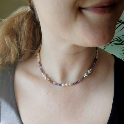 Lavender pearl necklace | Lilac porcelain bead necklace | Purple beads beaded jewelry | Cute violet seed bead freshwater pearl choker gift