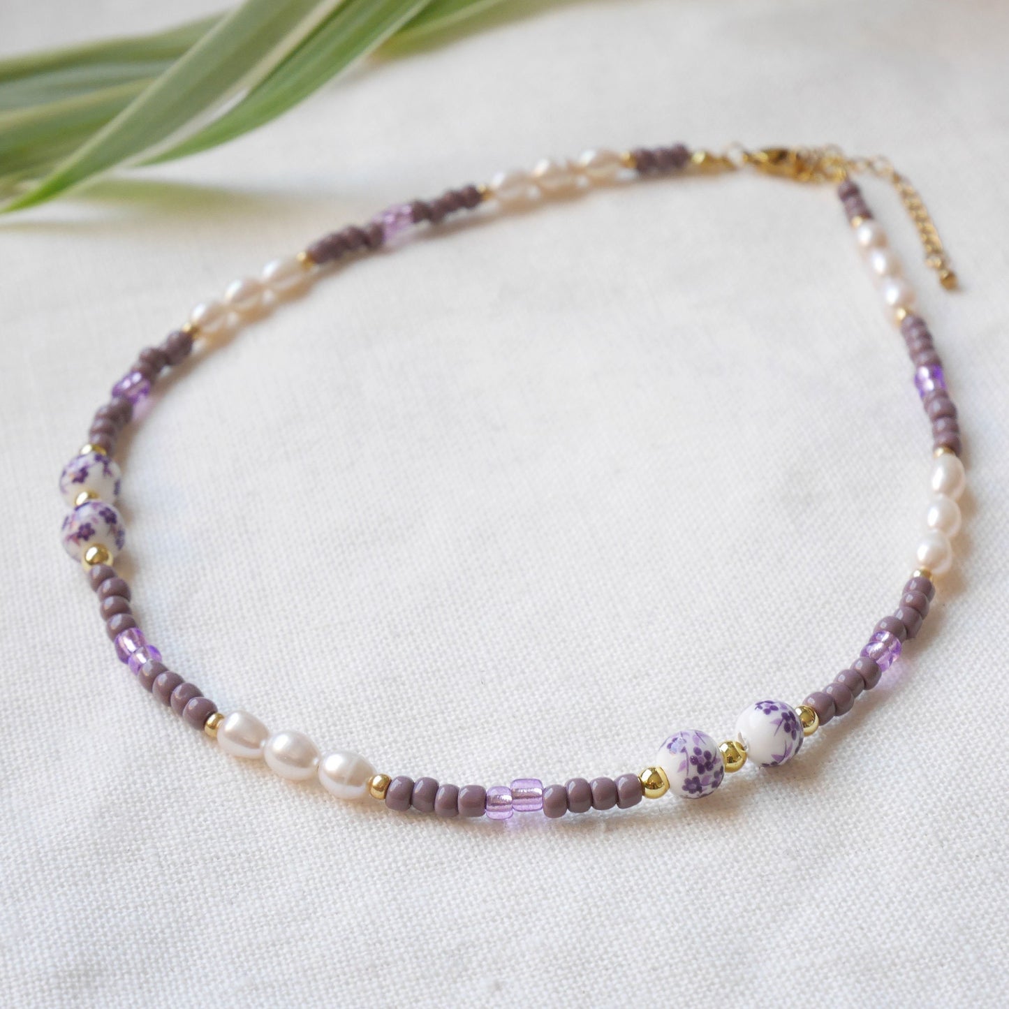 Lavender pearl necklace | Lilac porcelain bead necklace | Purple beads beaded jewelry | Cute violet seed bead freshwater pearl choker gift
