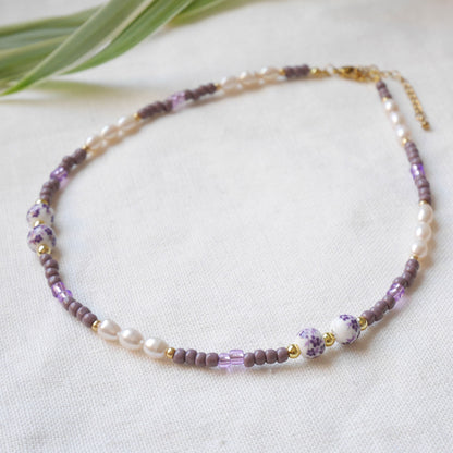 Lavender pearl necklace | Lilac porcelain bead necklace | Purple beads beaded jewelry | Cute violet seed bead freshwater pearl choker gift