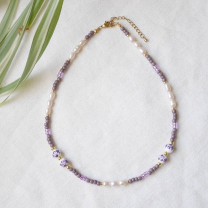 Lavender pearl necklace | Lilac porcelain bead necklace | Purple beads beaded jewelry | Cute violet seed bead freshwater pearl choker gift