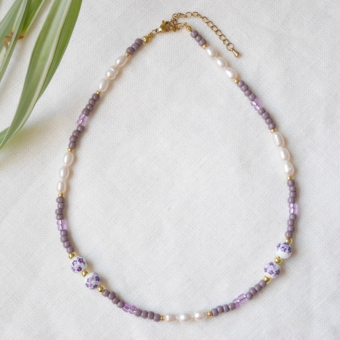 Lavender pearl necklace | Lilac porcelain bead necklace | Purple beads beaded jewelry | Cute violet seed bead freshwater pearl choker gift