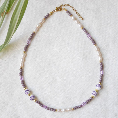 Lavender pearl necklace | Lilac porcelain bead necklace | Purple beads beaded jewelry | Cute violet seed bead freshwater pearl choker gift
