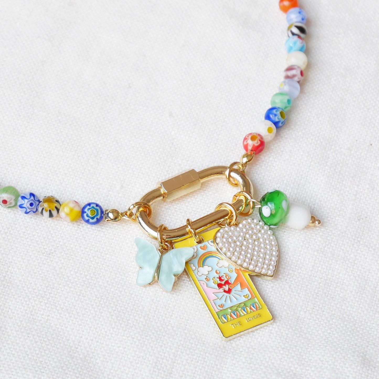 Custom carabiner millefiori necklace – adjustable gold-plated beaded jewelry with personalized charms