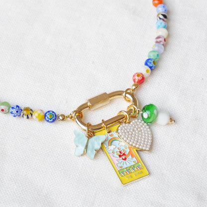 Custom carabiner millefiori necklace – adjustable gold-plated beaded jewelry with personalized charms