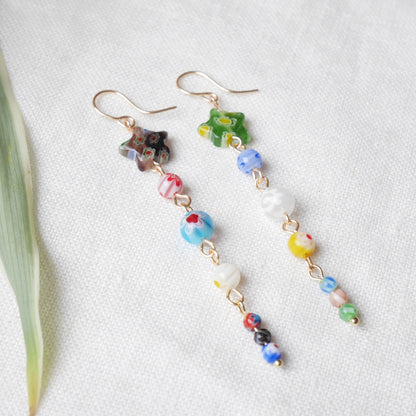 Long millefiori glass earrings – colorful bead statement dangle star jewelry