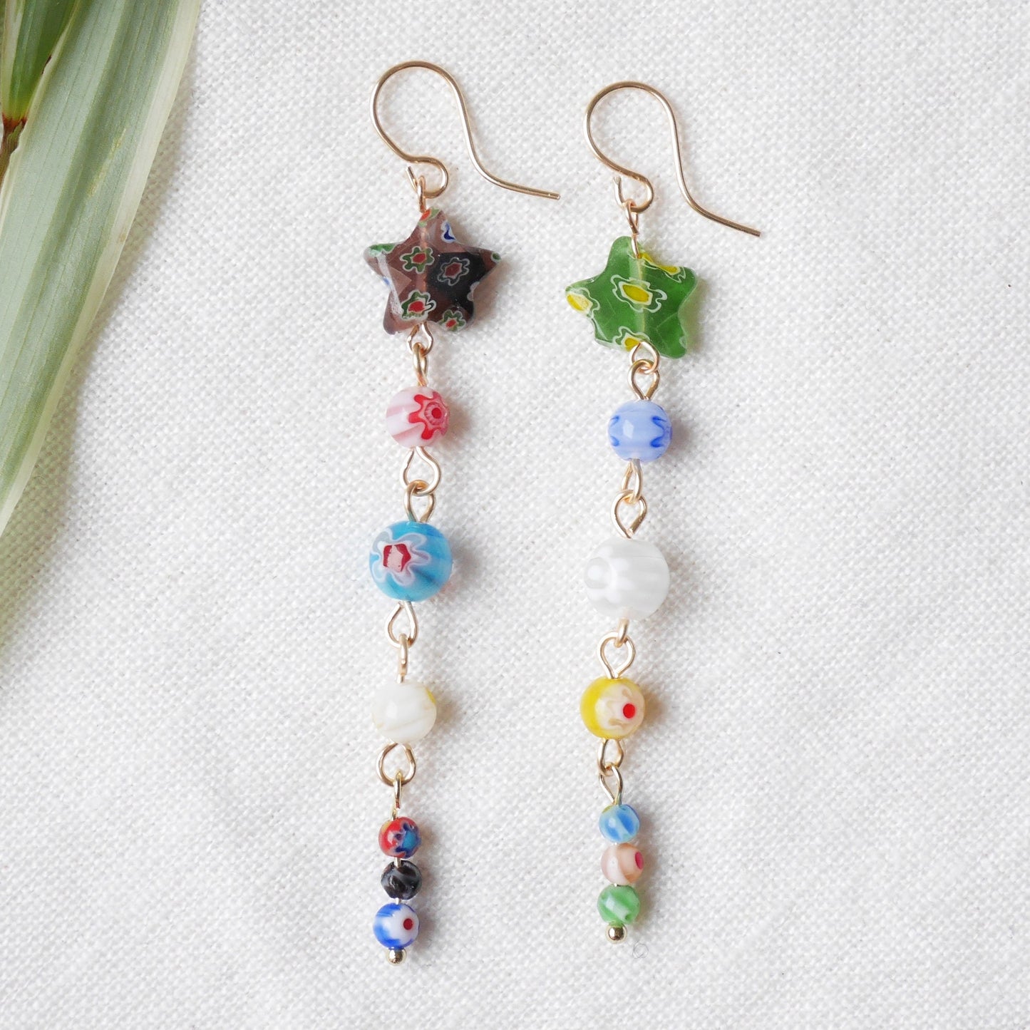 Long millefiori glass earrings – colorful bead statement dangle star jewelry