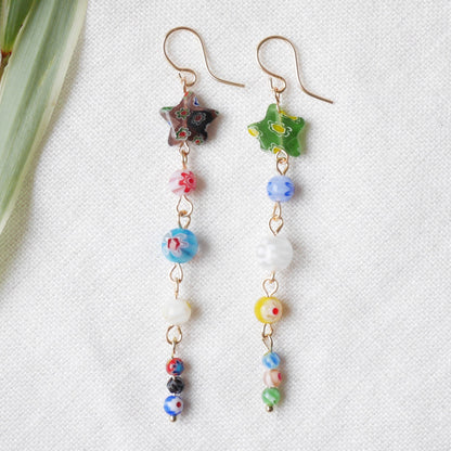 Long millefiori glass earrings – colorful bead statement dangle star jewelry