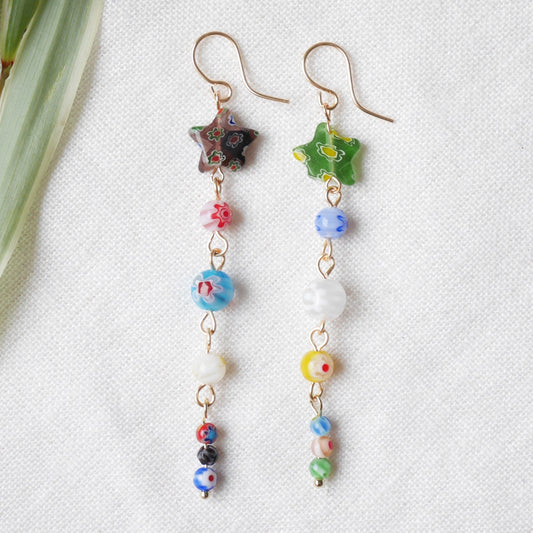 Long millefiori glass earrings – colorful bead statement dangle star jewelry