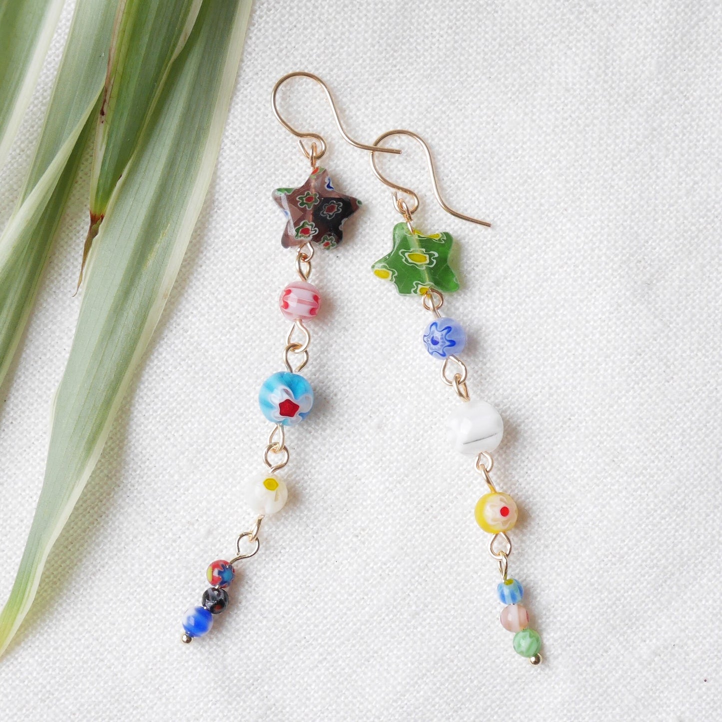 Long millefiori glass earrings – colorful bead statement dangle star jewelry