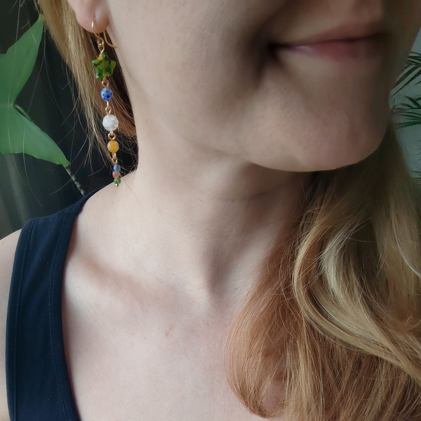 Long millefiori glass earrings – colorful bead statement dangle star jewelry