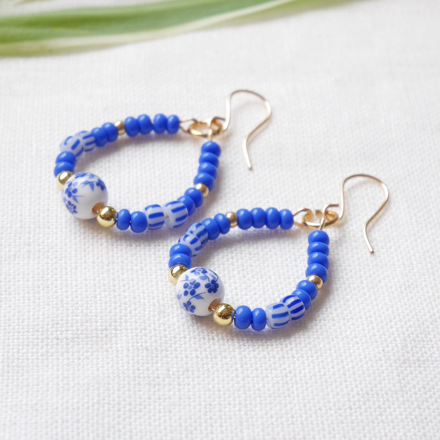 Blue porcelain bead earrings | Blue and white round earrings | Ceramic bead drop earrings | Teardrop shape summer dangle | Something blue