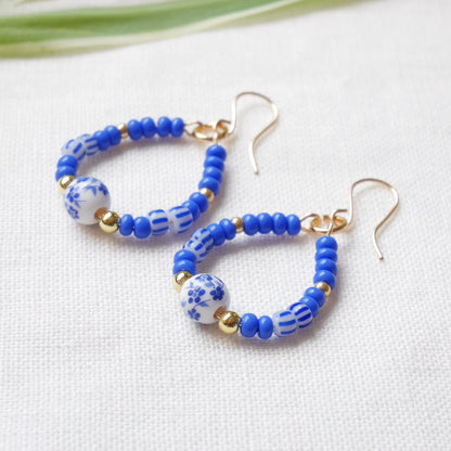 Blue porcelain bead earrings | Blue and white round earrings | Ceramic bead drop earrings | Teardrop shape summer dangle | Something blue