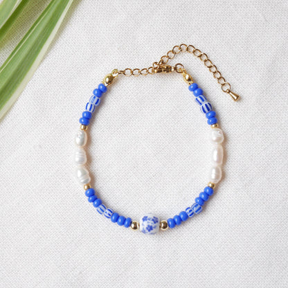Blue porcelain bead bracelet | Summer seed bead bracelet | Lovely blue and white jewelry with real pearls | Ceramic jewelry gift for her