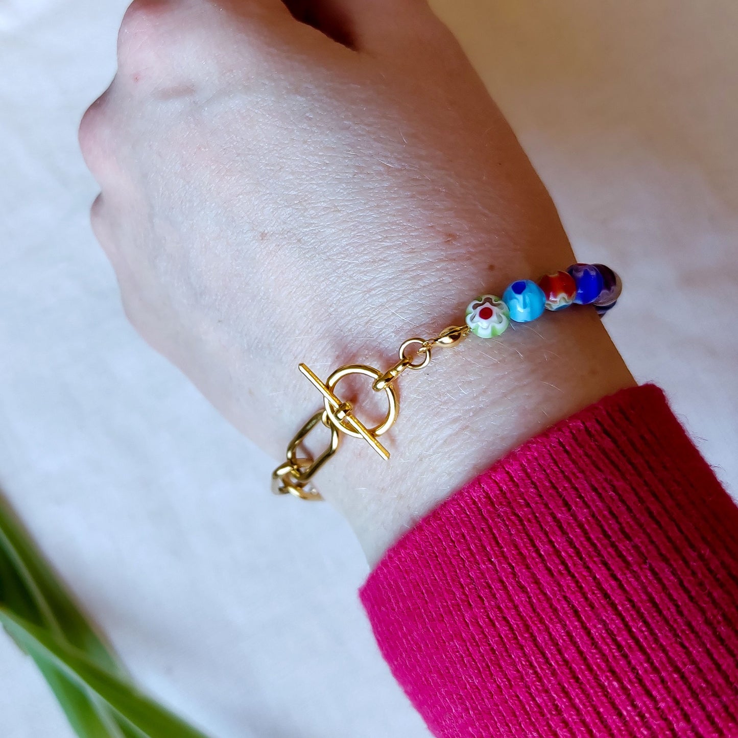 Half millefiori half chain bracelet | Flower beads and chunky gold chain bracelet | Colorful glass bead jewelry | Cute summer gift for her