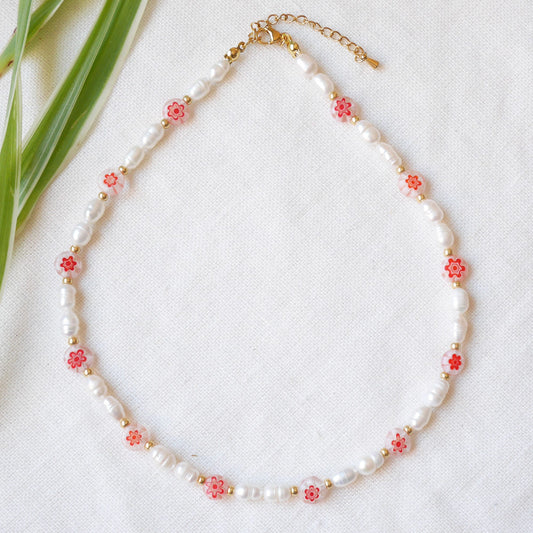 Red millefiori pearl necklace | Summer necklace with light red floral glass beads and freshwater pearls | Cute beaded necklace gift for her