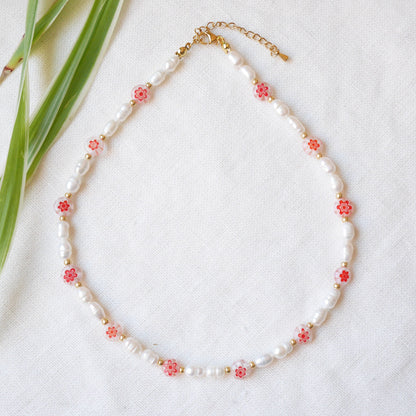 Red millefiori pearl necklace | Summer necklace with light red floral glass beads and freshwater pearls | Cute beaded necklace gift for her