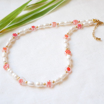 Red millefiori pearl necklace | Summer necklace with light red floral glass beads and freshwater pearls | Cute beaded necklace gift for her