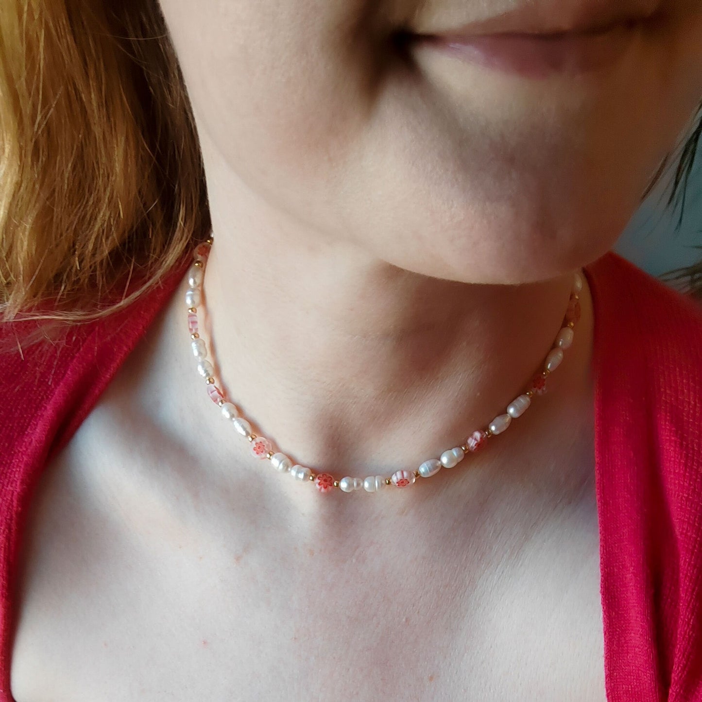Red millefiori pearl necklace | Summer necklace with light red floral glass beads and freshwater pearls | Cute beaded necklace gift for her