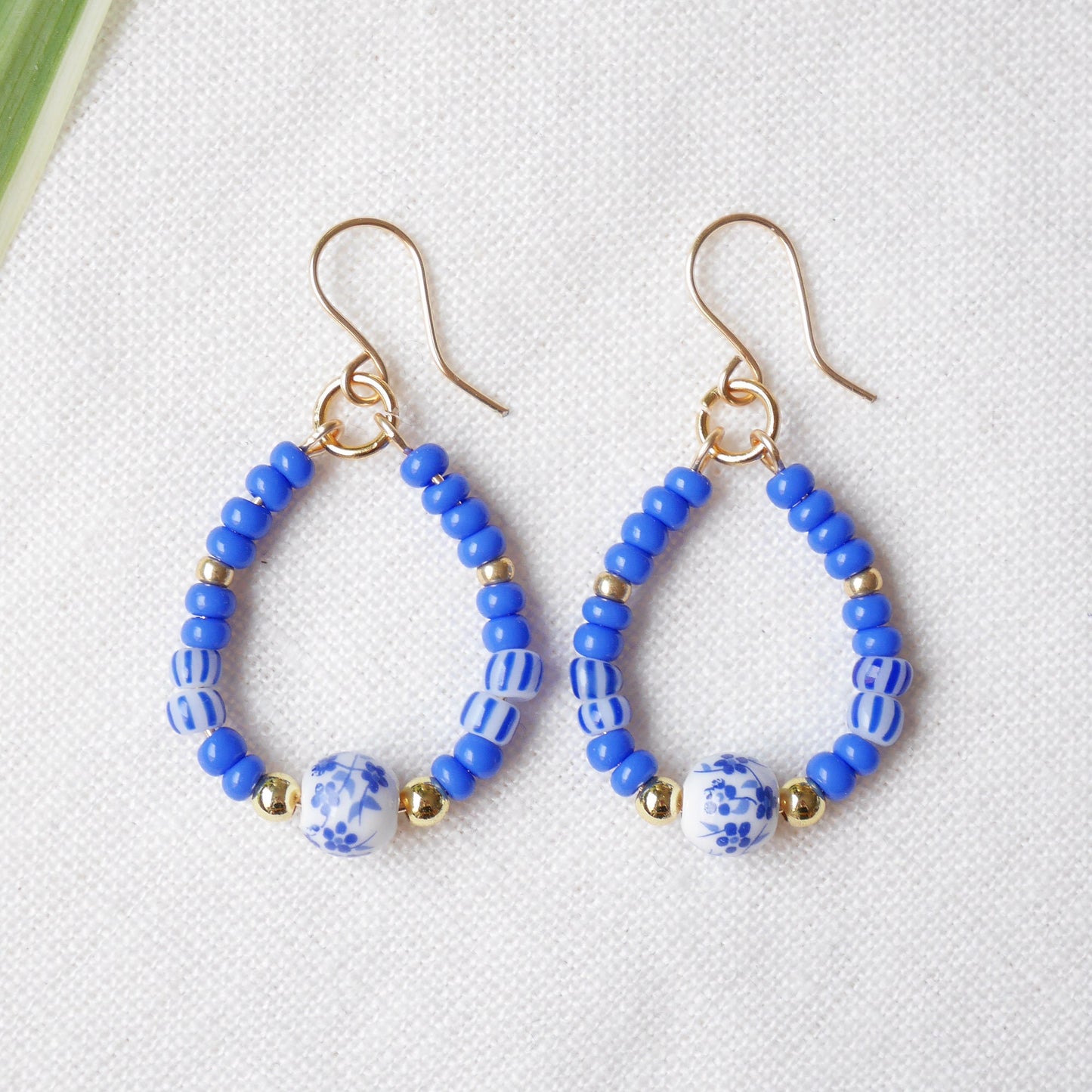 Blue porcelain bead earrings | Blue and white round earrings | Ceramic bead drop earrings | Teardrop shape summer dangle | Something blue