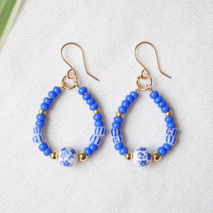 Blue porcelain bead earrings | Blue and white round earrings | Ceramic bead drop earrings | Teardrop shape summer dangle | Something blue
