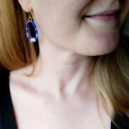 Blue porcelain bead earrings | Blue and white round earrings | Ceramic bead drop earrings | Teardrop shape summer dangle | Something blue