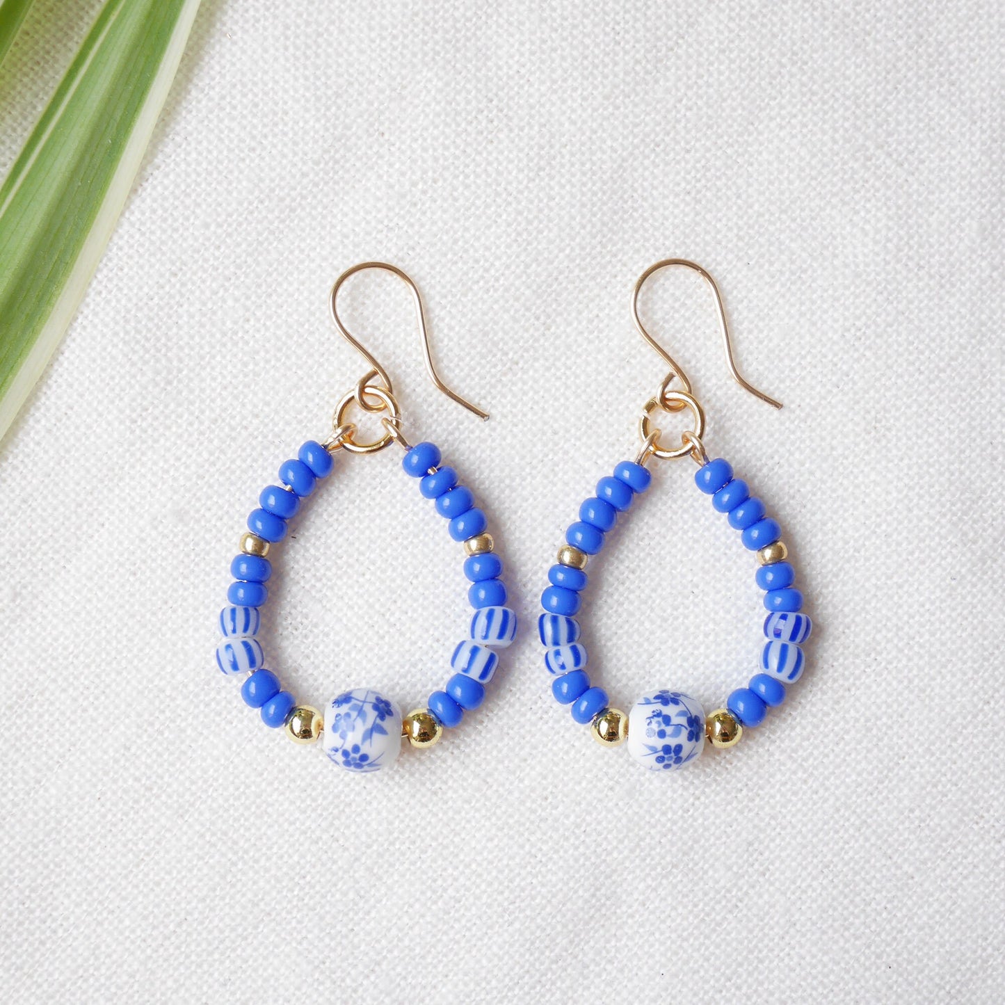 Blue porcelain bead earrings | Blue and white round earrings | Ceramic bead drop earrings | Teardrop shape summer dangle | Something blue