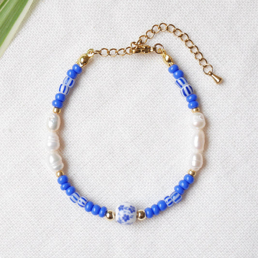 Blue porcelain bead bracelet | Summer seed bead bracelet | Lovely blue and white jewelry with real pearls | Ceramic jewelry gift for her
