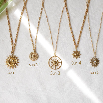 Gold sun necklace | Sunshine charm necklace | Celestial moon stars sunburst pendant jewelry | Cute solar eclipse crescent moon gift for her