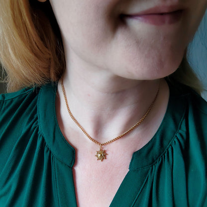 Gold sun necklace | Sunshine charm necklace | Celestial moon stars sunburst pendant jewelry | Cute solar eclipse crescent moon gift for her