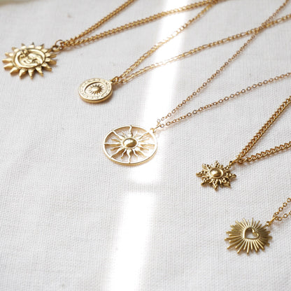 Gold sun necklace | Sunshine charm necklace | Celestial moon stars sunburst pendant jewelry | Cute solar eclipse crescent moon gift for her