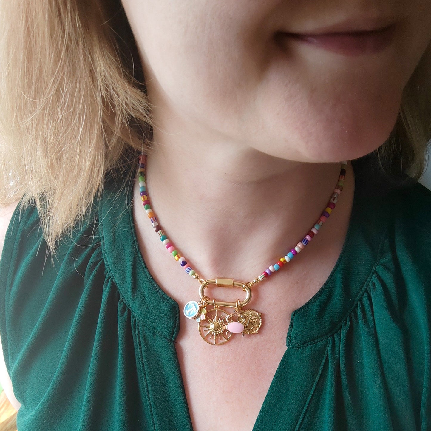 Colorful beaded carabiner necklace | Custom charm choker | Seed bead personalized jewelry gift for her with multicolor and striped beads