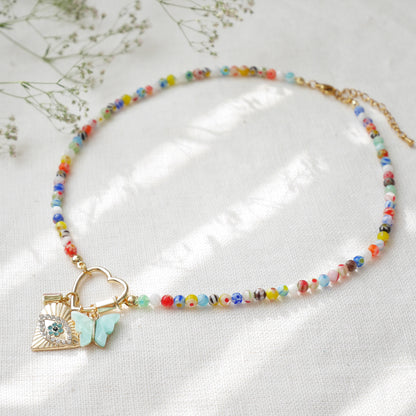 Millefiori heart carabiner necklace | Charms in a lock necklace | Custom pendants beaded jewelry | Colorful beads customized gift for her